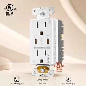 Dual USB-C Charger Outlet 65W GaN Fast Charge 15 Amp Tamper Resistant Wall Receptacle Class 2 125V 60Hz CULus Listed