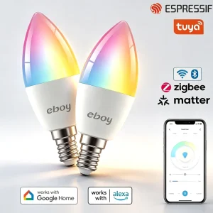 E14 C37 Candle Smart Bulb 4.9W 470LM RGBCW Dimmable Tuya Zigbee LED Light with Voice Control for Alexa and Google Indoor Home Decorative Lighting
