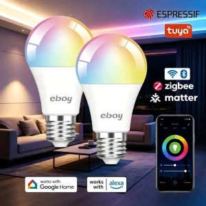 E26 A19 RGBCW Smart LED Bulb, 11W, 1250 lm, ESP Wi-Fi, Dimmable, App and Voice Control, Alexa and Google Home Compatible, Color-Changing Home Lighting