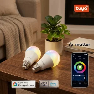 E26 A19 RGBCW 9W 800 lm ETL Tuya Matter App-Controlled Dimmable LED Smart Home Light Bulb Compatible with Alexa and Google