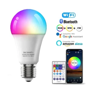 E26 9W LED Smart Wi-Fi Bulb with Voice Control, RGB + CCT Dimmable, Wi-Fi + Bluetooth + 2.4G 3-Mode Control