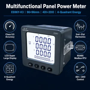 ES96Y/K3 Switchgear Panel Power Meter with RS485 Modbus LCD 4DI+2DO IP65 IOT Application