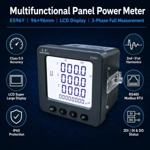ES96Y Three Phase Energy Monitoring Panel Meter 91x91mm 3 Class 0.5 RS485 Modbus RTU LCD Display IP65 2DI Four-Quadrant