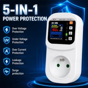 EU French Plug 5 Protection Prepaid kWh 8 LCD 16A Leakage Over Under Voltage Tuya WiFi Smart Breaker RCD Socket CE