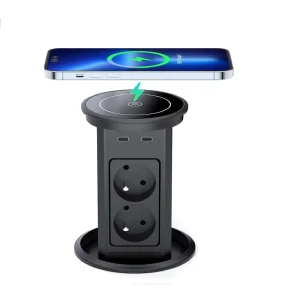EU Power Outlet Aluminium Retractable Table Socket with 10 W Wireless Charger USB 100mm Hole Smart Kitchen Pop up Tower Socket