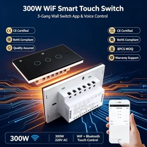 EU Standard 1Gang Touch WiFi Smart Home System Wall Switch 300W CE Certified Tuya Alexa Voice Remote Control for Home Lighting