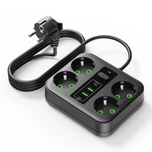 EU Standard Compliant Smart Socket with a 2-meter Cable, 4 Power Outlets 2 USB Ports and 2 Type-C Ports, Power Strip with Switch