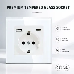 EU Standard Wall Socket 86mm Tempered Glass Panel with USB-A and Type-C Charging Port 16A 250V Schuko Power Outlet Black White