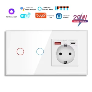 EU Standard WiFi Smart Switch and Socket with PD 20W USB and Type-c Tempered Glass APP Control Switch Panel