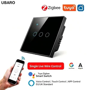 EU Tuya Smart Zigbee 10A Touch Panel Light Switch Black Tempered Glass Single Pole App Remote Timing Voice Control 400W Gang