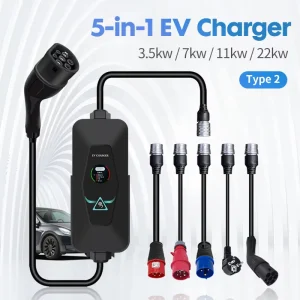 EV Charging Gun Type 2 5-in-1 EU Adapters 3.5KW 7KW 11KW 22KW Output Power 10 Safety Protection for European Market