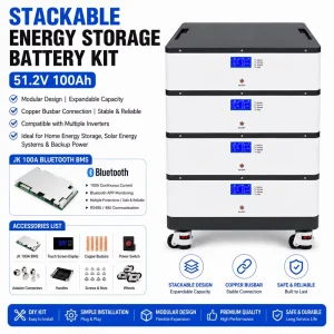 EYUN 51.2V 100Ah Stackable Energy Storage Battery DIY Kit with JK 100A Bluetooth BMS for Solar Home Energy Storage