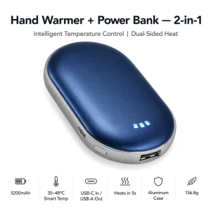 Electric Hand Warmer Power Bank 5200mAh 35 48°C Smart Temp Dual Sided Heat 5 Seconds USB C Rechargeable Aluminum OEM