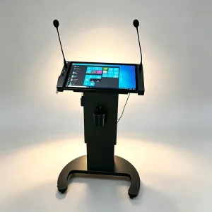 Electric Height-adjustable Interactive Smart Lectern with Touch Screen & Dual Mics All-in-One Multimedia Podium for Presentation