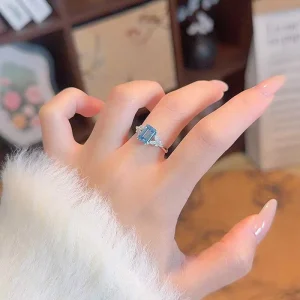 Emerald Cut Lab Grown Blue Diamond Ring 18K White Gold Plated Fancy Color Women Engagement Wedding Fine Jewelry Bridal Band Ring