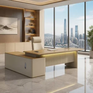 Executive Office Desk Set Side Cabinet E1 MDF Vacuum Forming Dark Wood Grain Code Lock Wire Box Furniture
