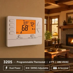 Factory 24V Programmable Thermostat 44~90°F Control 41~95°F Display SWING 0.2~2°F 4.72 Inch for Apartment Residential