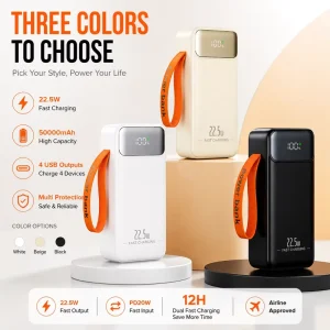 Factory 50000mAh Power Bank PD22.5W Fast Charging Portable Battery Charger LED Digital Display 4 USB Outputs Built-in Cable