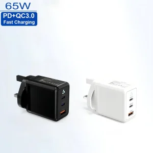 Factory Custom Fireproof 65W 3-Port GaN Fast Charger AU/UK Plug PD QC 2C1A for iPad Laptop & Camera