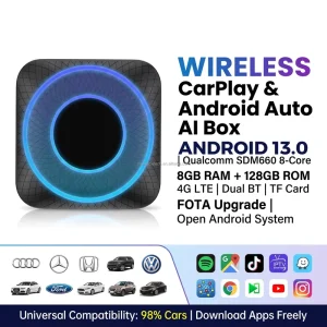 Factory Custom Wireless CarPlay Android Auto AI Box Qualcomm 8 Core Android 13 8GB 128GB 4G LTE Ambient Light Streaming Adapter