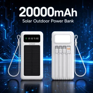 Factory Solar Power Bank 20000mAh 30000mAh 50000mAh Built in Cables Portable Battery Charger Multi Ports Camping Lamp