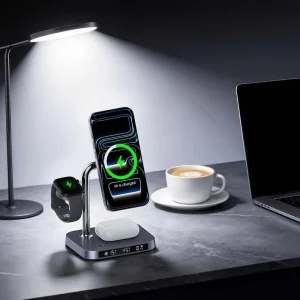 Factory new arrival zinc alloy support display fast 25W TEC cooled 3 in 1 charging station phone watch earbuds wireless charger