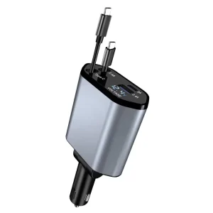Fast 45W PD Car Charger 2 Type C Ports Fireproof OTP Laptop Camera Compatible Retractable Cable LED Display Portable Car Phone