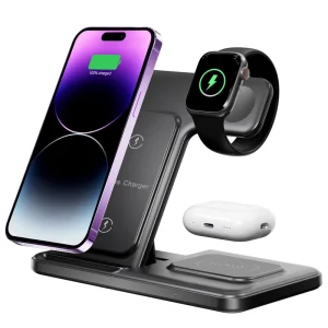 Foldable 3 in 1 Magnetic Wireless Charger Stand Fast Charging Station Dock with Phone Holder for Mobile Phones