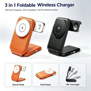 Folding Three-in-One Magnetic Wireless Charger 15W QC3.0 Portable Leather Material QI2.2