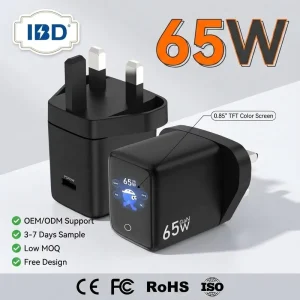 For TFT Screen 65W GaN USB-C PD QC2.0 SCP Fast Charger Mini Portable Travel Adapter CE FCC ROHS Support OEM for Earphone Camera
