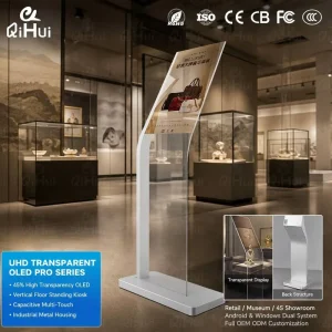 Futuristic 30 Inch Transparent OLED Display Kiosk for Museum Exhibition & Luxury Retail Industrial Grade 24 7 Digital Signage