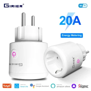 GIRIER Tuya Alexa Voice Control 20A AC100 240V EU Standard Wifi Smart Plug Socket with Power Energy Monitoring