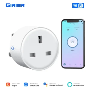GIRIER Tuya UK Power Socket with Timer Function and APP Voice Control Energy Metering 16A AC100 240V WiFi Smart Plug