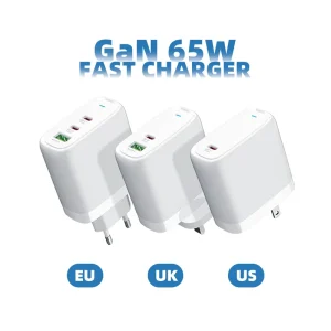 GaN 65W USB C Wall Charger Foldable EU Plug 3 in 1 Multiport Fast Charging Travel Adapter for Phone Laptop PD QC3.0