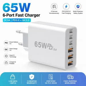 HNT 65W PD QC3.0 Magnetic Multi port Fast Wall Charger 3A+3C Ports for Mobile Phone with CE FCC Certified