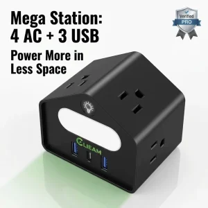 Heavy Duty US Power Strip 2500W 4 AC Outlets Smart Night Light Power Hub PD 18W USB C Port