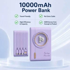 High Capacity 10000mAh Powerbank with 4 Built In Cables Compact USB External Battery Pack for Mobile Devices