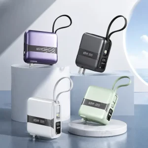 High Capacity 20000mAh Power Bank 65W USB C PD Portable Charger with AC Plug Wall Charger Built in Dual Charging Cables