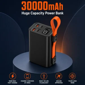 High Capacity 30000mAh Power Bank 100W Fast Charging with Digital Display & Rubber Strap for Outdoor OEM Custom Logo