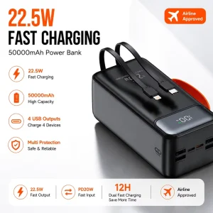 High Capacity 50000mAh Portable Power Bank PD22.5W Fast Charging with LED Digital Display 4 USB Outputs Built-in Cable OEM ODM