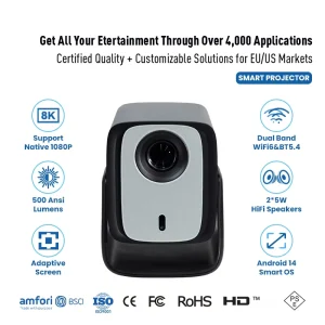 High Lumen Portable Smart Projector Native 1080P Android 14 Wireless Projector with Autofocus and Keystone Correction
