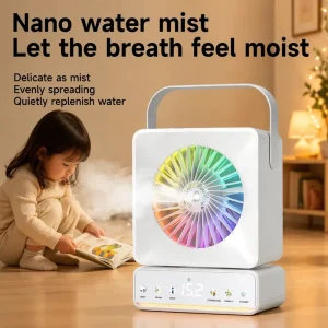 High Quality Portable Handheld Desktop Fan Rechargeable Battery Nano Mist USB OEM White Humidify Ambient Light Outdoor Household
