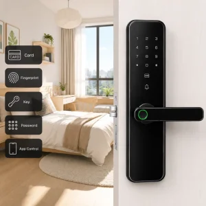Highly Secure Fingerprint Wireless Front Door Card and Key Handle with Smart Lock for Apartment Buildings