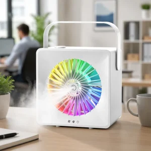 Home Use Handheld Mini Air Cooling Fan Humidification Spray Low Noise Ambient Light Night Light Battery Household Outdoor