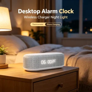 Hot Multifunctional 3 in 1 Desktop Wireless Charger 15W Station Alarm Clock Night Light Thermometer Home Office Corporate Gift