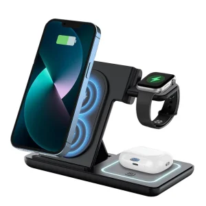 Hotsale Custom Logo Wireless Charging Station 3 in 1 Foldable Stand Fast Charger iWatch Earphone Type C QC3.0