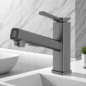 Hydro Powered Traditional Ceramic Brass Bathroom Faucet with LED Digital Temperature Display Smart Wash Basin Tap