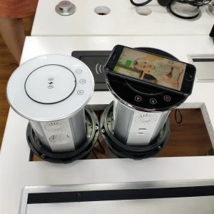 IP65 Waterproof Glass Top Four Side EU Smart Wifi Motorized Pop Up Tower Kitchen Desktop Speaker Socket With Wireless USB C