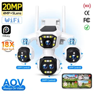 IP66 Outdoor Multi Lens Camera 20MP WiFi Connected Smart Motion Follow Full Color Vision for Home Business Safety