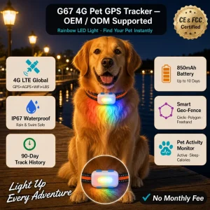 IP67 Waterproof 4G Smart Pet GPS Tracker G67 APP Real Time Locator for Small Animals Cats Dogs with Geo-fence Color LED Light